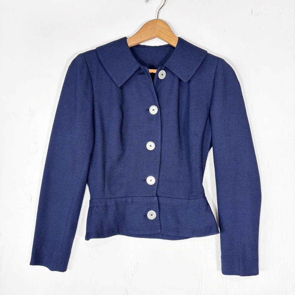 VTG 60s Petti Navy Blue Peplum Blazer Jacket Wide Collar Mod Retro‎